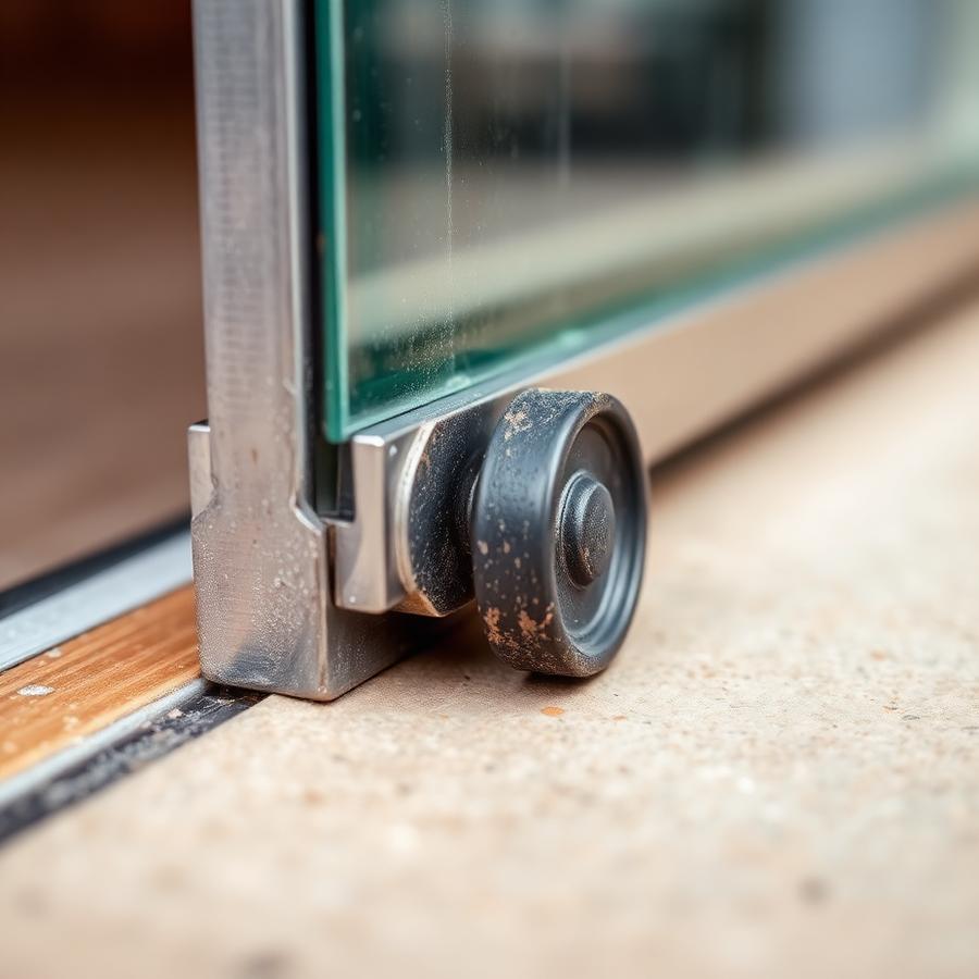 Worn roller wheel sitting in the bottom track of an aluminium sliding glass door
