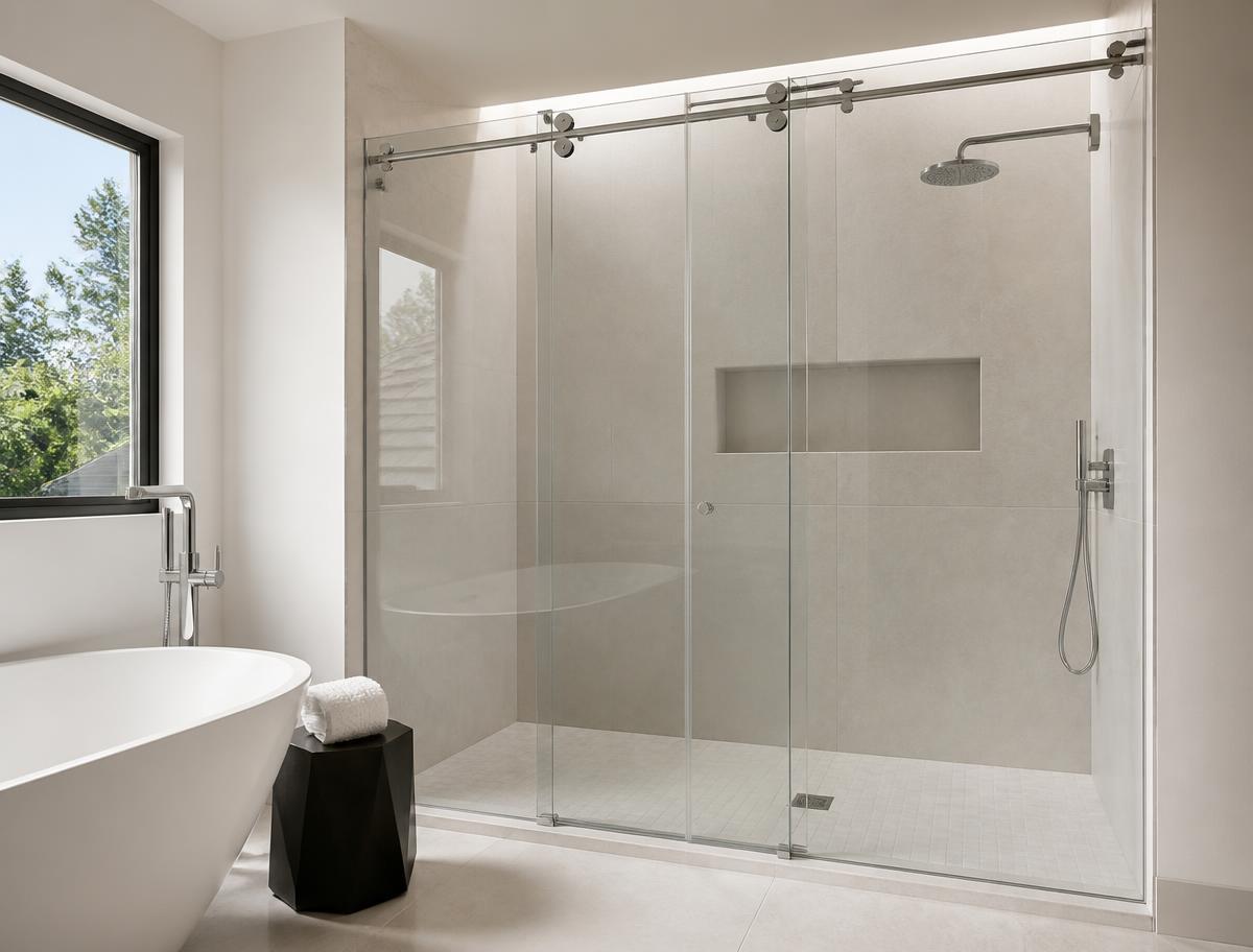 Modern frameless sliding glass shower screen with chrome rail and rollers in a contemporary bathroom