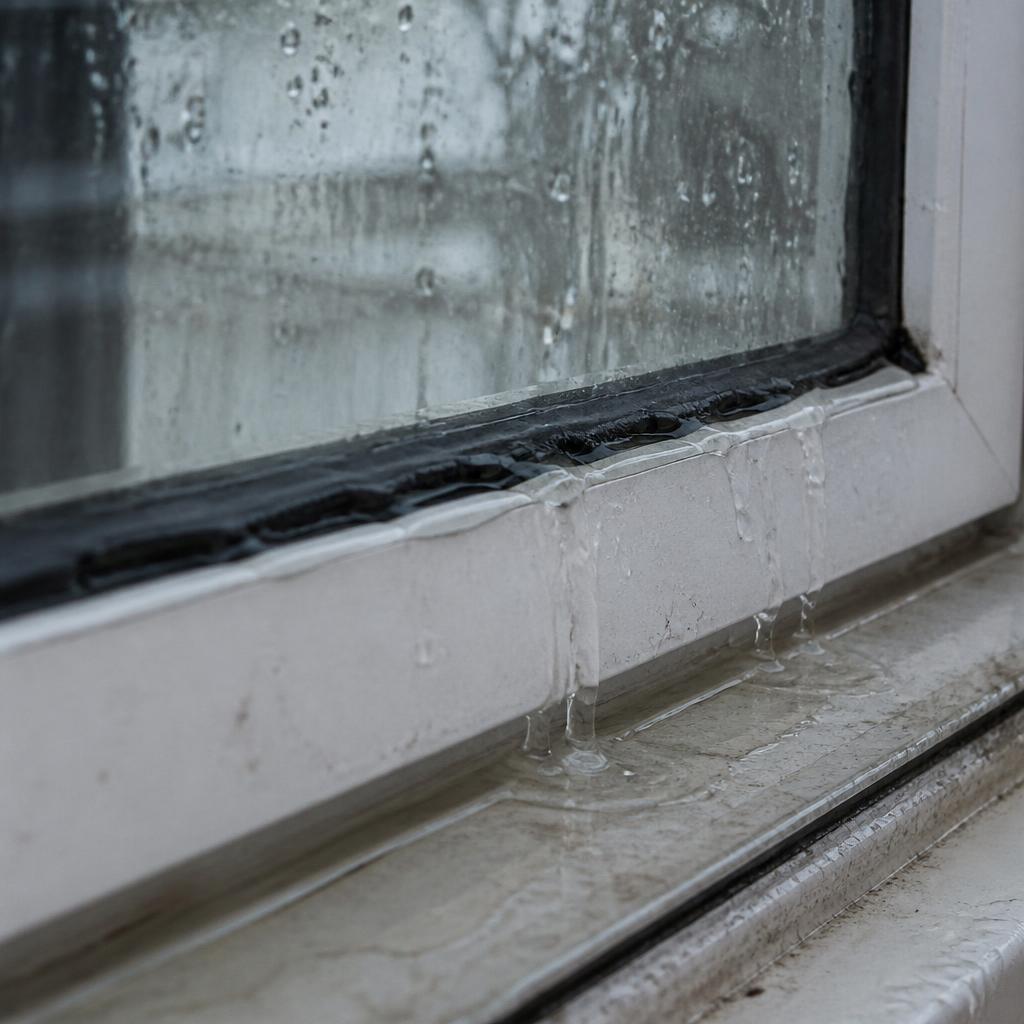 Rainwater leaking through a perished window seal and running down the sill