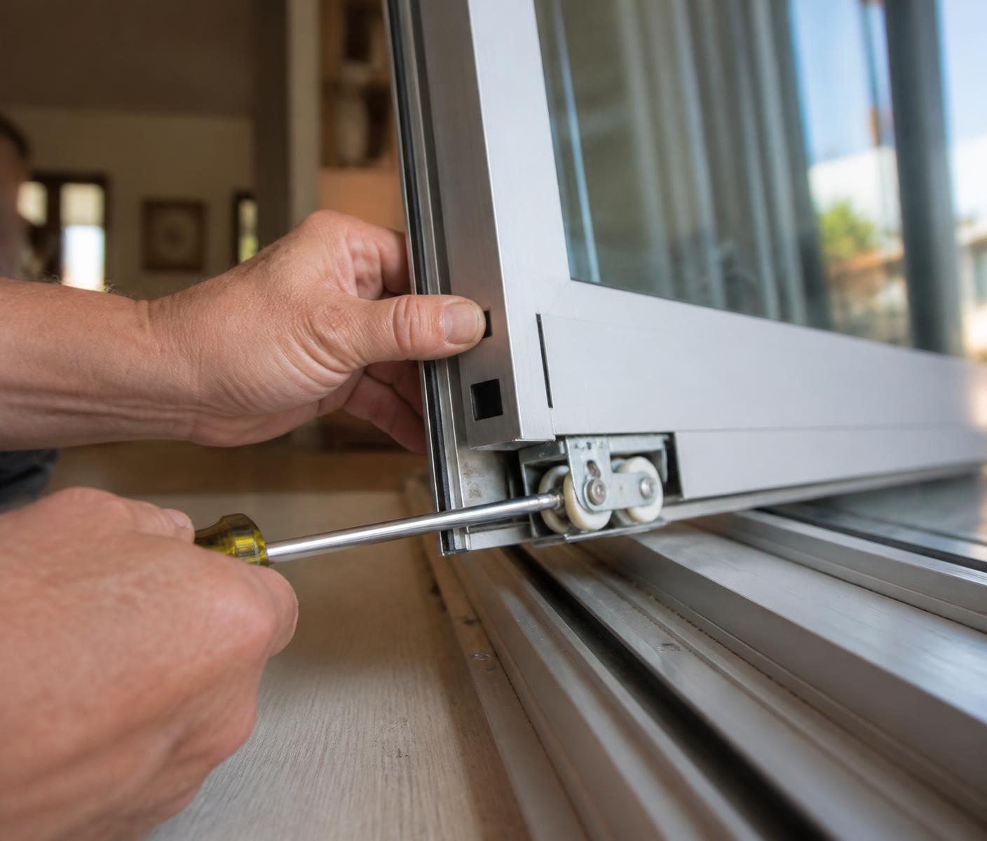 Close-up of hands using a screwdriver to replace the roller on an aluminium sliding glass door