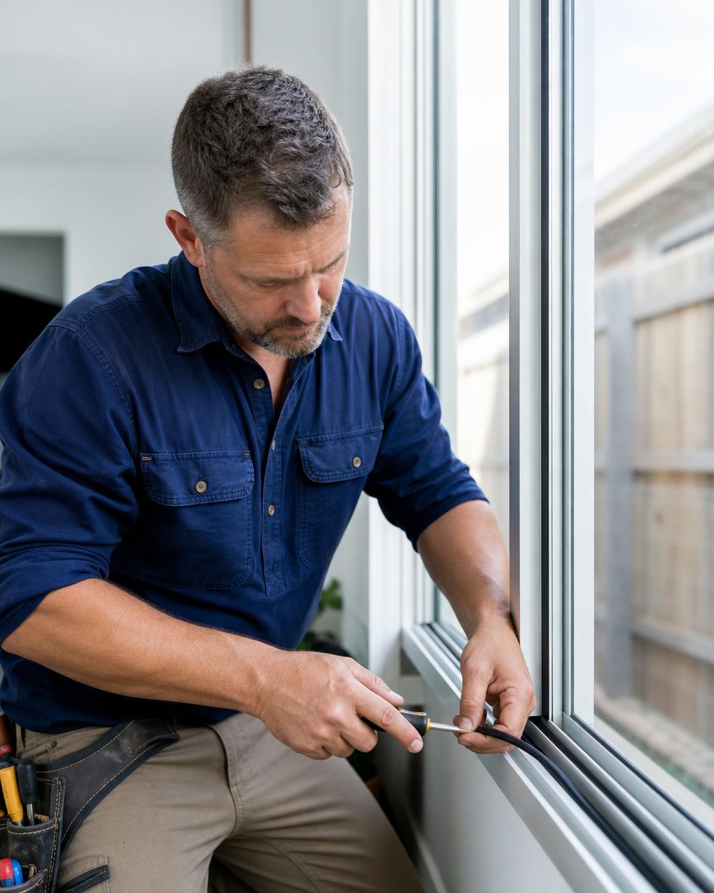 Tradesperson fitting new rubber seal into a white aluminium window frame