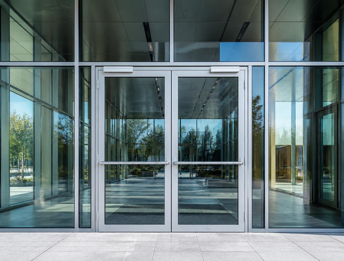 Commercial aluminium glass doorset with push bars at the entrance of a modern office building